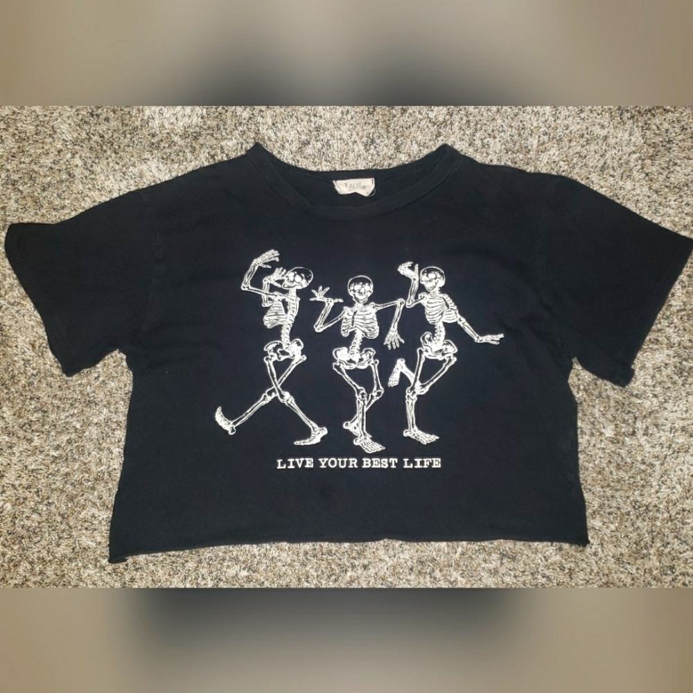 Local Lab | Skeleton "Live Your Best Life" Cropped Short Sleeve Graphic Tshirt